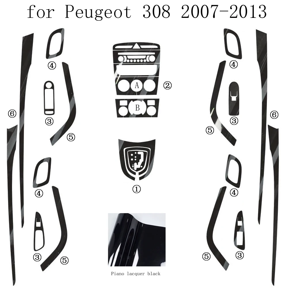 

Углеродное волокно для Peugeot 308 2007-2013, автомобильная пленка, наклейки для интерьера, центральная консоль, приборная панель, воздушная дверная ручка, подъемная панель