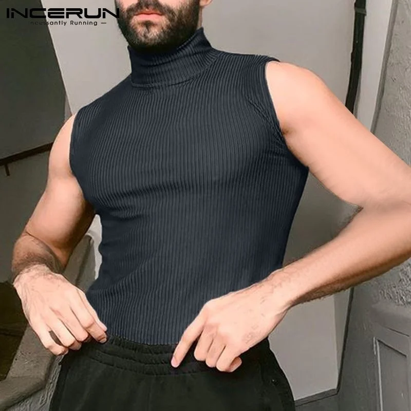 

Men Tank Tops Turtleneck Sleeveless 2023 Solid Color Vests Men Streetwear Skinny Fasion Casual Sexy Waistcoats S-5XL