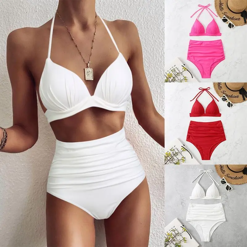 

Push Up Bikinis 2022 Women Swimsuit Solid High Waist Swimwear Female Summer Swimming Bathing Suit Mayo Beachwear Red White Pink