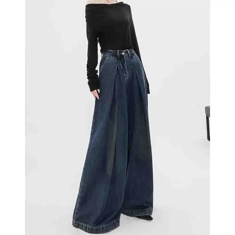 Kohuijoo Vintage Washed Wide Leg Jeans for Women 2023 Autumn Design High Waist Loose Pants Denim Mopping Trousers Streetwear