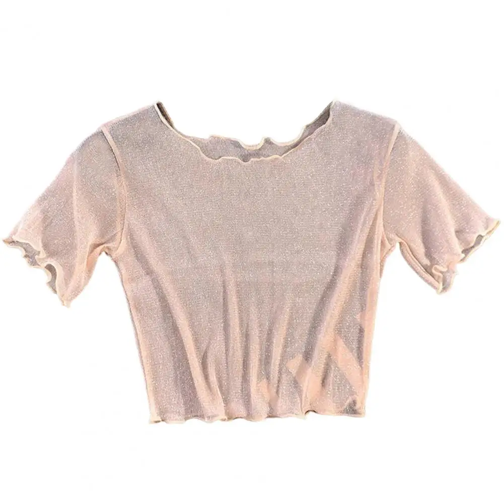 

2023 Women Mesh T-Shirt O-Neck Short Sleeve Sheer Trim Crop Top Women See-through Glitter Mesh Tee Shirt Fashion Streetwear