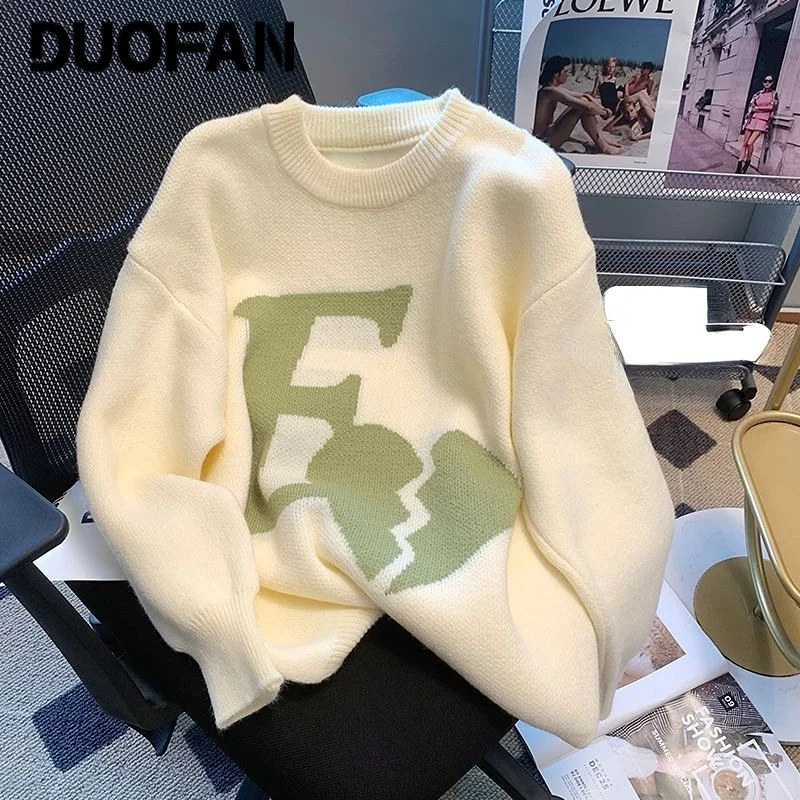 

Женский свободный свитер DUOFAN, Повседневный пуловер с длинным рукавом и круглым вырезом, в стиле Хай-стрит, с надписью «сердцебиение», в стил...