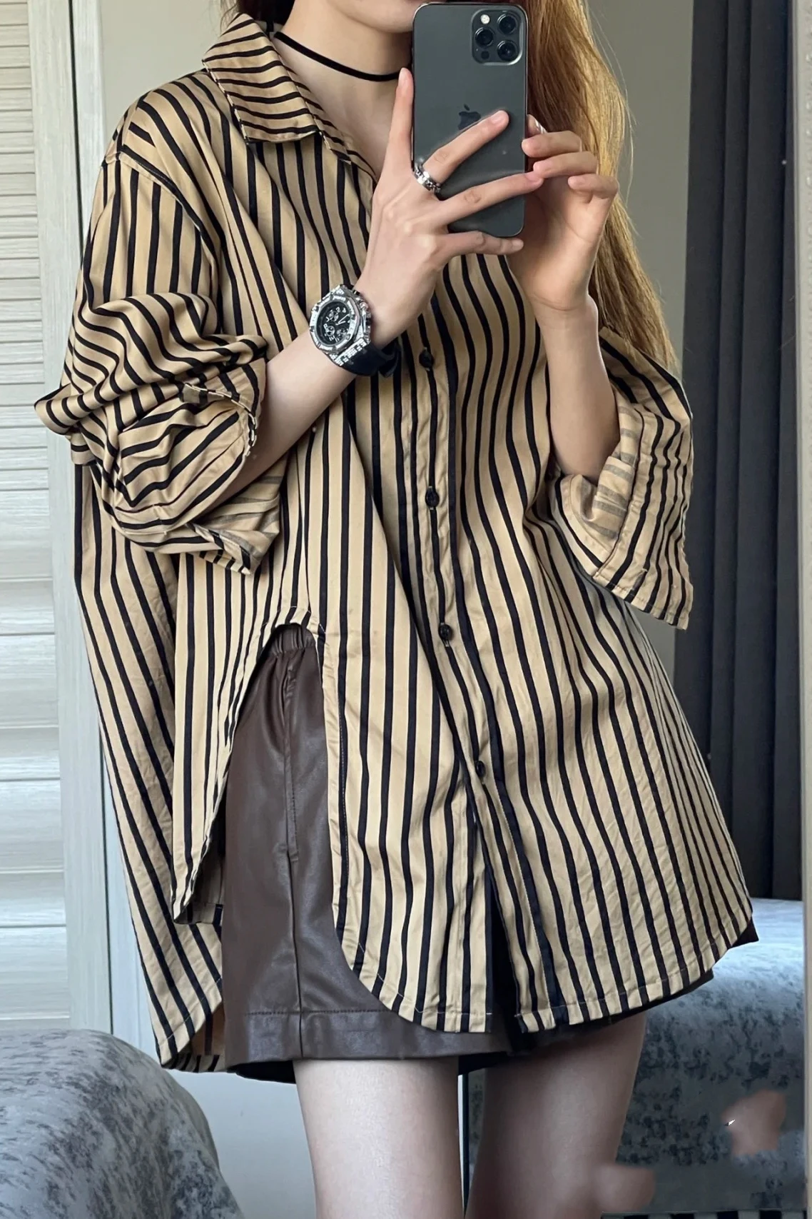 Дизайнерские рубашки в вертикальную полоску весенне-летние маленькие 50 женские