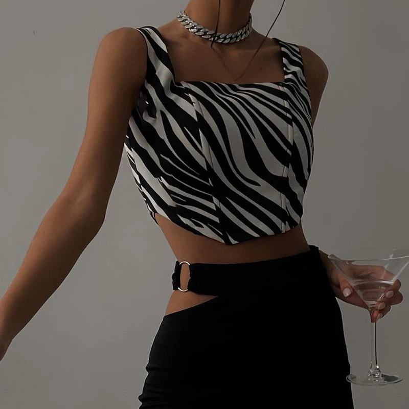 

European And American Style Women'S New Spring And Summer Fashion U-Neck Backless Print Slim Crop Top Short Camisole Small Vest