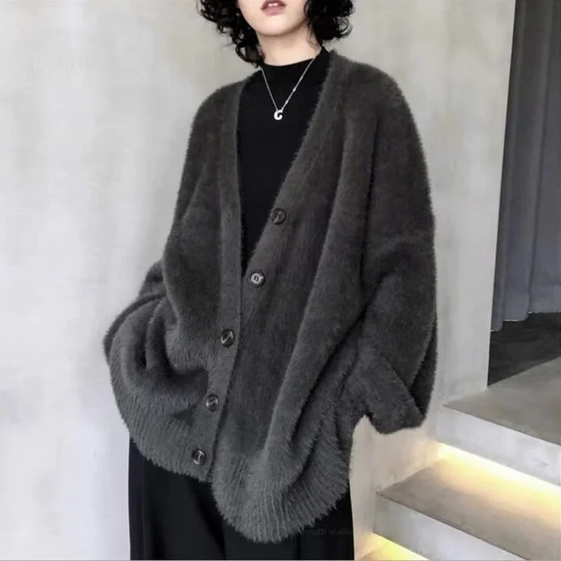 

Lady Casual Solid Color Lazy Style Overcoat New Female Jackets Autumn Winter Women Imitation Mink Cashmere Loose V-neck Coats