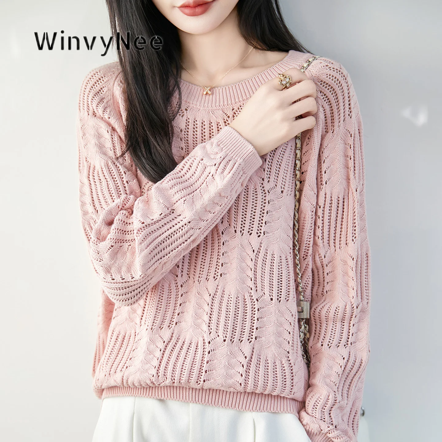 Фото Женский джемпер WinvyNee, 100% хлопок, круглый вырез, ажурная вязка, свободный крой, универсальный, мягкий, дышащий, стильный повседневный предмет одежды ZA1092032 №5