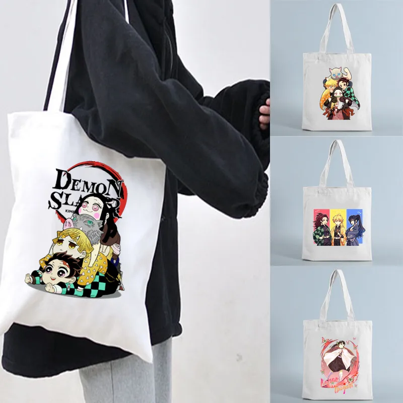 

Demon slayer shopping bag tote canvas shopper recycle bag reusable handbag bag ecobag shoping bolsas ecologicas sacolas