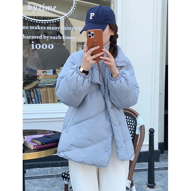 Winter Cotton Jacket with Stand-up Collar and Waist Strap Thickened White Eiderdown Jacket Thickened To Keep Warm and Windproof