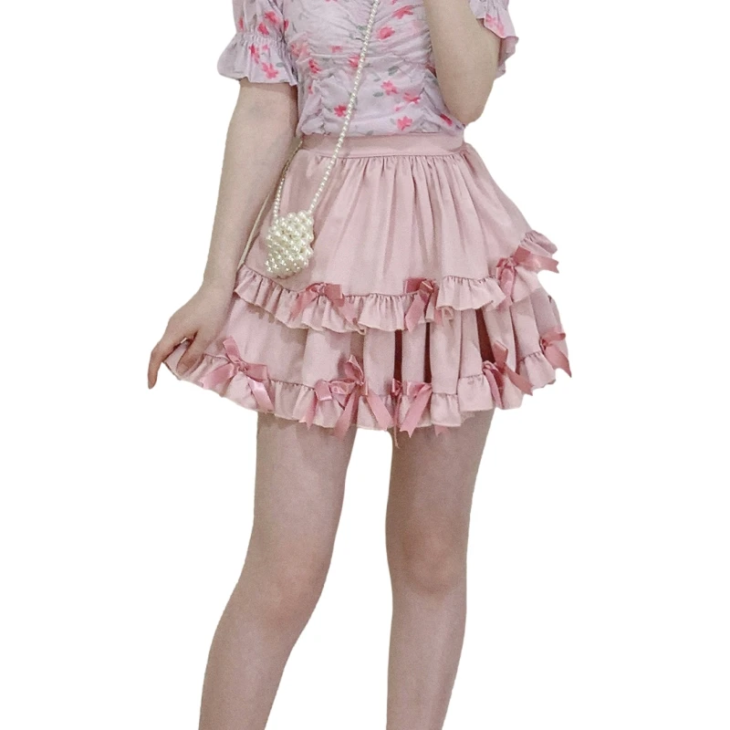 

Sweet Lolita Kawaii Mini Skirt Women High Waist Cute Lace Bow Satin Tiered Ruffle Tutu Vintage Princess Red Pink Short Skirt