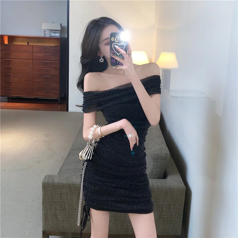 

Real shot ladies one word collar sexy drawstring pleated slim fit hip mesh dress 2022 new fashion design dress