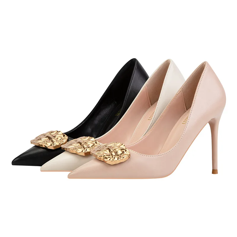 Stylish banquet heels women's shoes stiletto heel shallow pointed toe metal buckle embellished single shoes