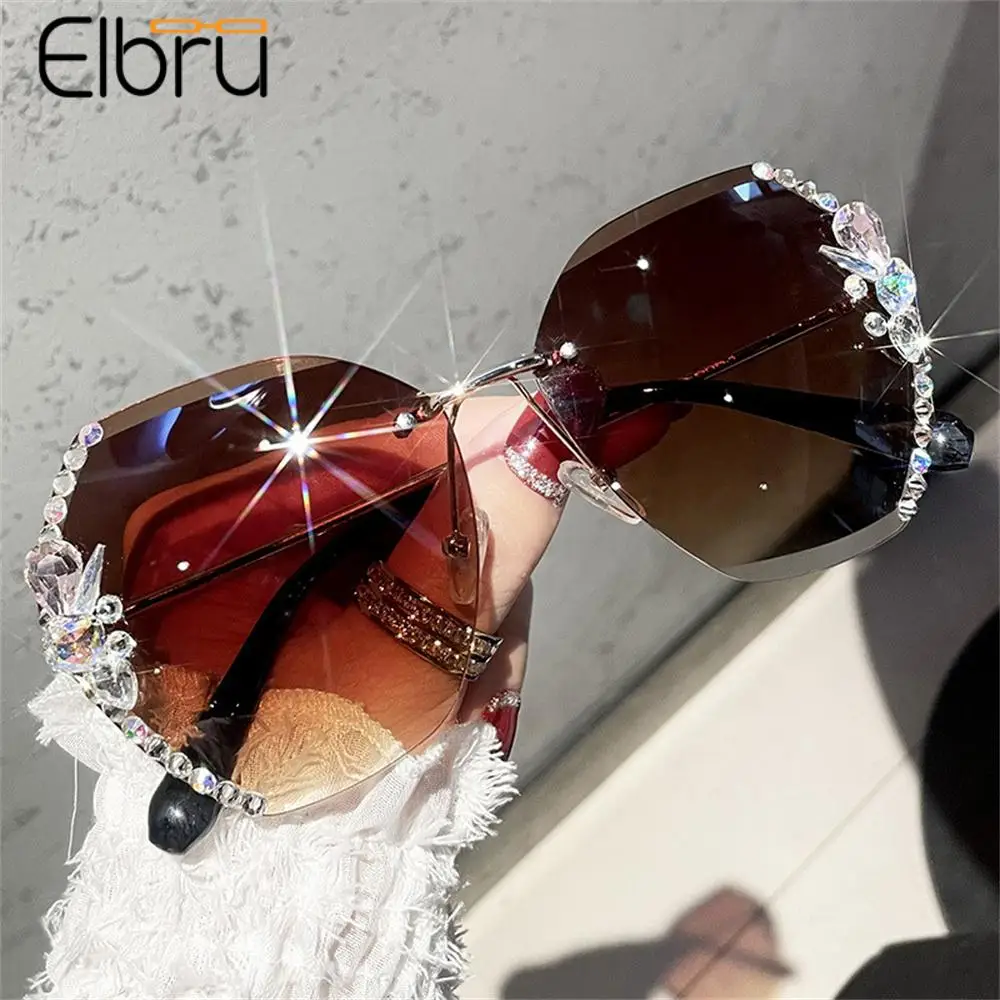 

Elbru Women Luxury Diamond Sunglasses Fashion Rimless Brand Design Glitter Diamond Sunglasses Unisex UV400 Ourdoor Sun Eyewear