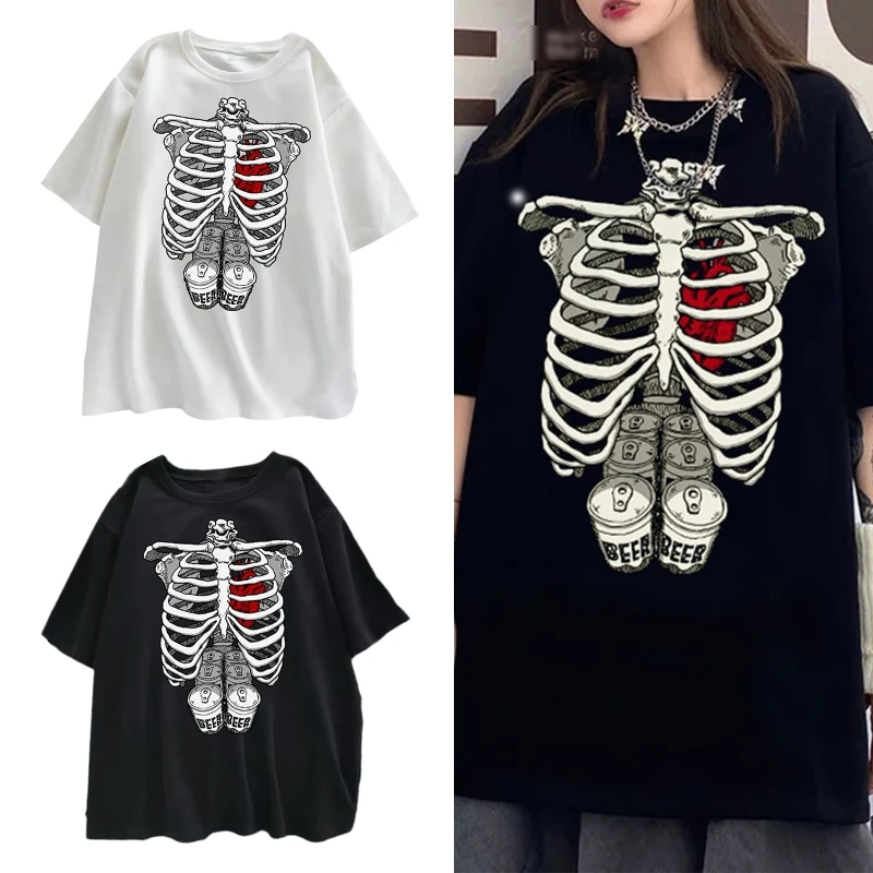 

Women Men Harajuku Short Sleeve T-Shirt Gothic Punk Japanese Anime Breastbone Skeleton Beer Can Graphic Print Oversized Loose