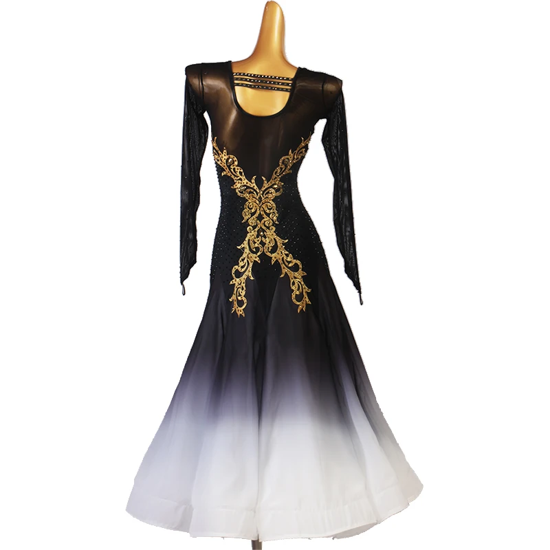 Новое дешевое черно-белое градиентное платье для бальных соревнований с длинным