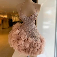 pink short beaded lace sequin prom dress ruffle cocktail show party dress