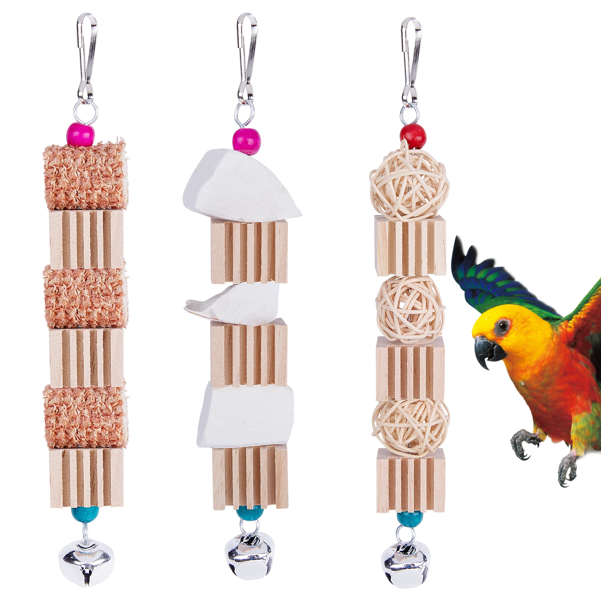 

3pcs For Parrots Cuttlefish Bone Grind The Teeth Chewing Bite Toys Natural Wooden With Bell Straw Weaving Rattan Ball Bird Toy