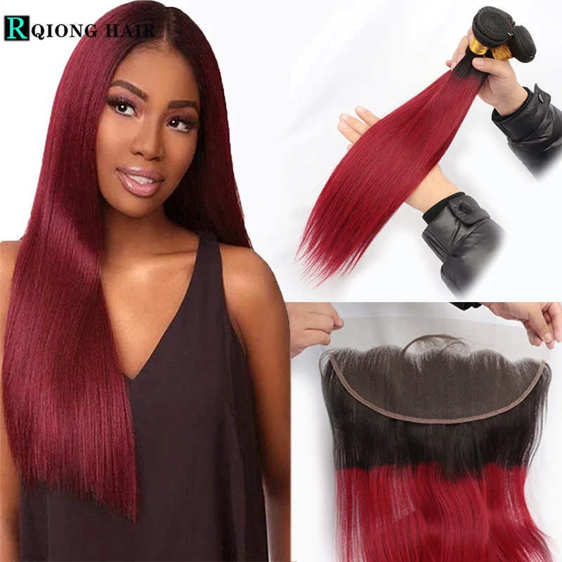 

Burgundy Straight Human Hair Bundles With Frontal Ombre Peruvian Hair Weave With Closure 13x4 Ear To Ear Frontal With Bundles