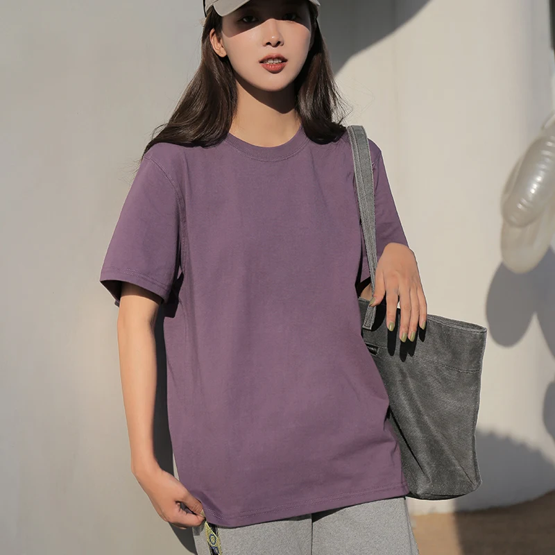 

Deep purple cotton short sleeve 2023 new round neck loose wild top combed cotton texture solid color T-shirt female summer