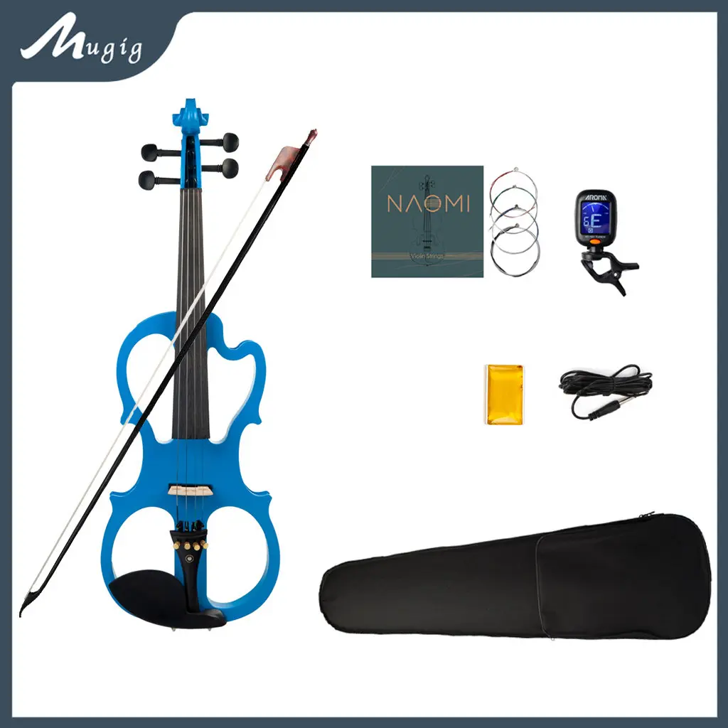 Mugig Full Size 4/4 Electric Violin Fiddle Solid Wood Body Ebony Fittings Fingerboard Pegs Chin Rest Tailpiece