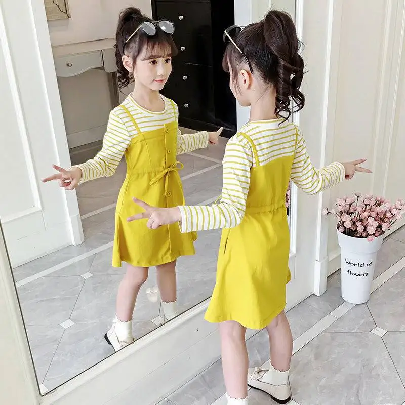 

Летнее платье в полоску для девочек 4-12 лет, имитация двух предметов, детское платье в стиле пэчворк, Школьный костюм для подростков