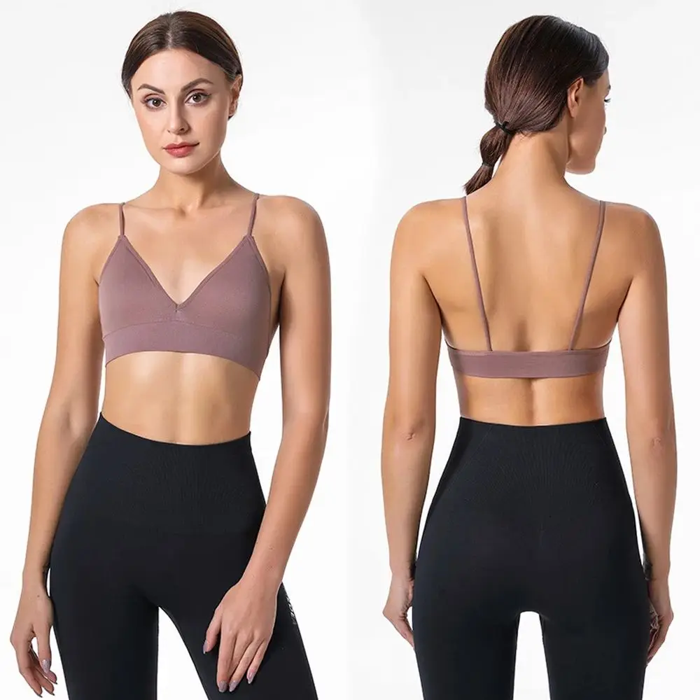

Deep V Triangle Cup Seamless Yoga Bras Women Sexy Thin Strap High Elastic Casual Bottom Bra Fitness Underwear Beauty Back Tops