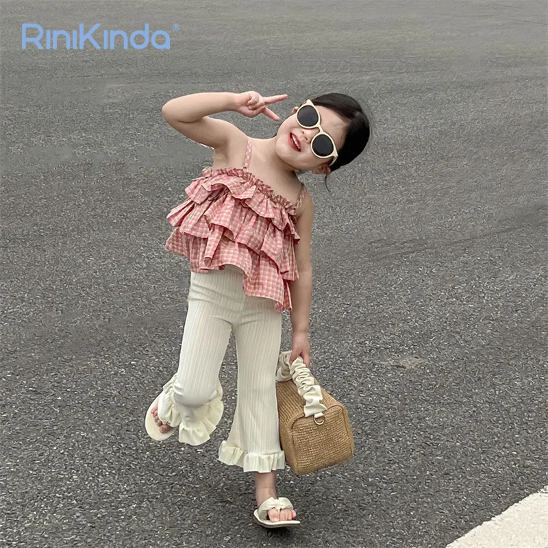 

2023 New Baby Clothing Set for Girls Children's Suspender Plaid Shirts Flare Pants Two Piece Suit Summer Girls Outfit