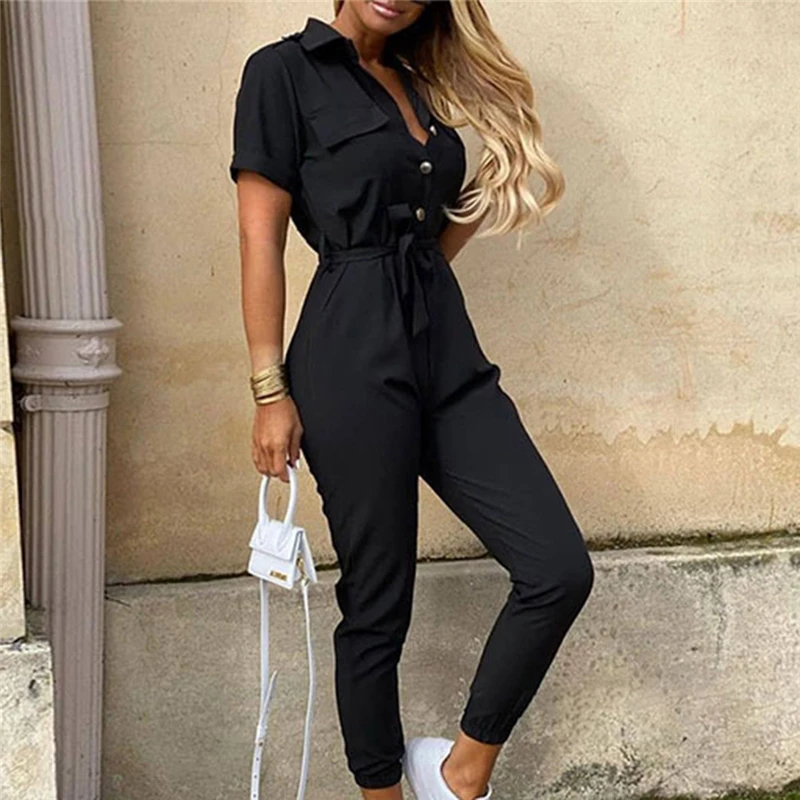 

Women Casual Solid Color Jumpsuit 2020 Summer Deep V Neck Button Shirt Overalls Short Sleeve Office Lady One Piece Romper Belt