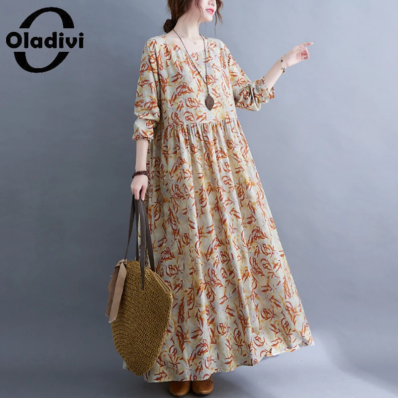 

Oladivi 2022 осеннее Новое Женское платье с длинным рукавом свободного кроя с модным принтом, повседневные свободные длинные платья макси, женск...