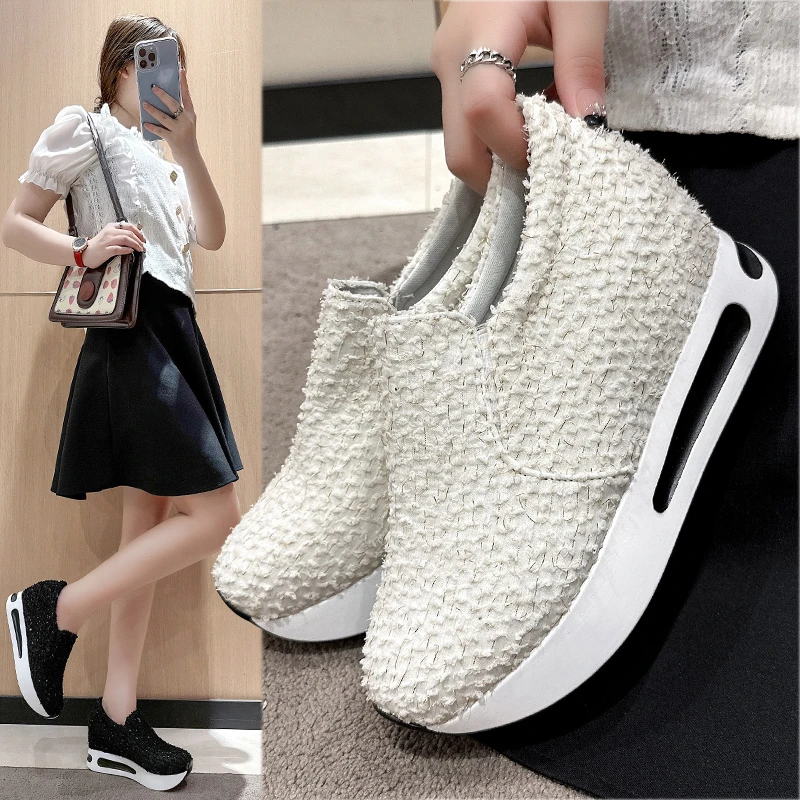 

Fashionable Women's Vulcanized Shoes Solid Color Fabric Platform Breathable Slip-on Loafers Autumn New Casual Designer Sneakers