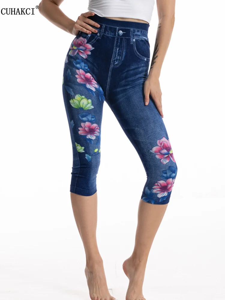 

CUHAKCI Push Up Sports Capri Flower Printed Leggings Women Faux Denim Leggins Seamless Sexy Short High Waist Gym Exercise Female