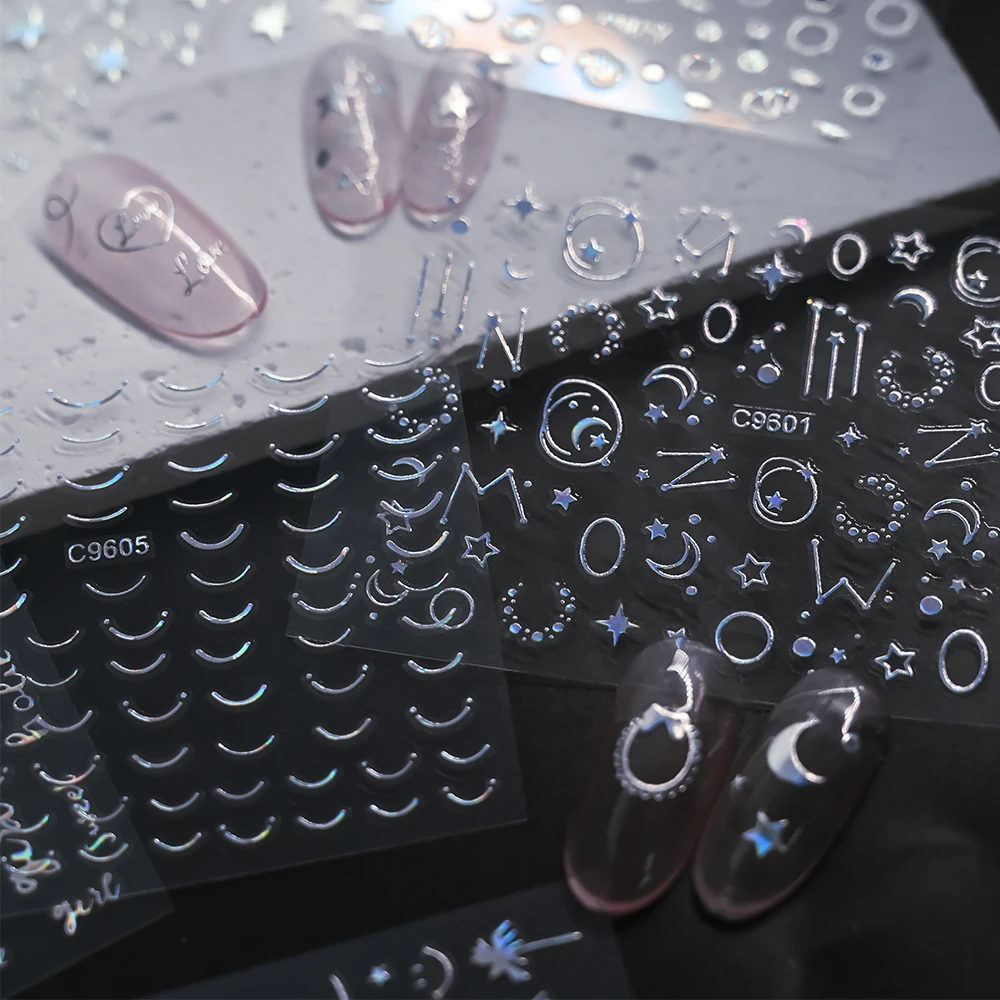 30 листов алмазный дизайн наклейки для ногтей лазерные Серебряные звезды сердце 5