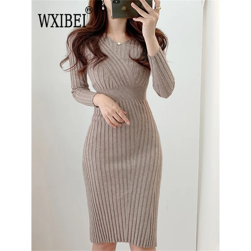 

WXIBEI Knitting Dress For Women 2023 New Fashion Autumn Vintage Long Sleeve V-neck Midi Dress Casual Slim Solid Dresses FC751