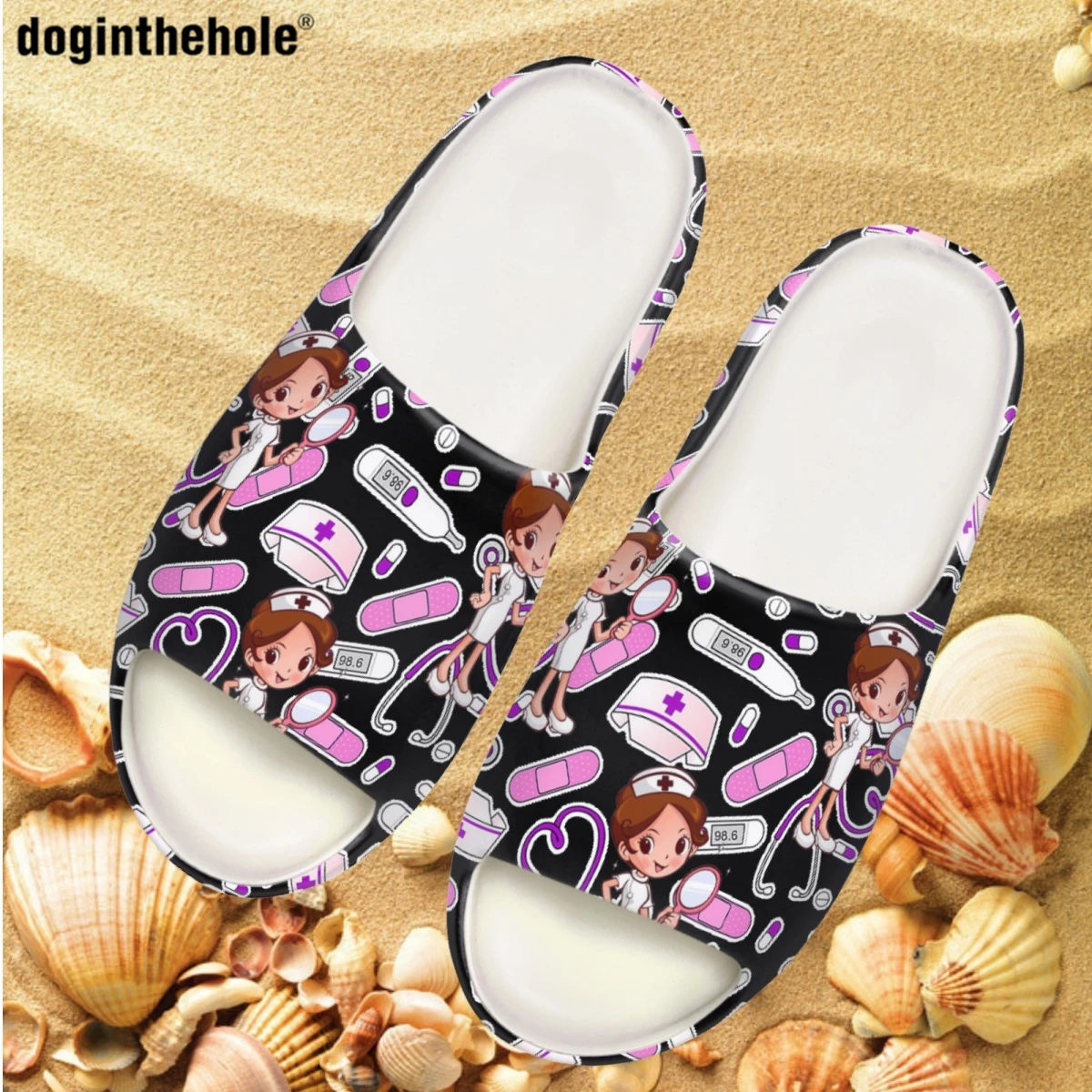 

Медицинское оборудование Doginthehole, тапочки с рисунком стетоскопа, женские летние тапочки из кокоса, больничные сандалии на плоской подошве д...