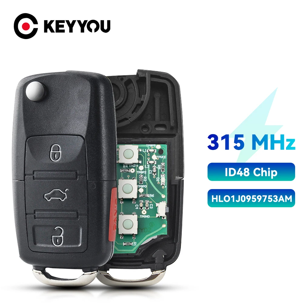

KEYYOU 1J0959753AM Car Remote Key for VW Beetle Golf Passat Jetta 315Mhz ID48 1J0 959 753 AM 5FA008399-30 2000-2006 Key Fob