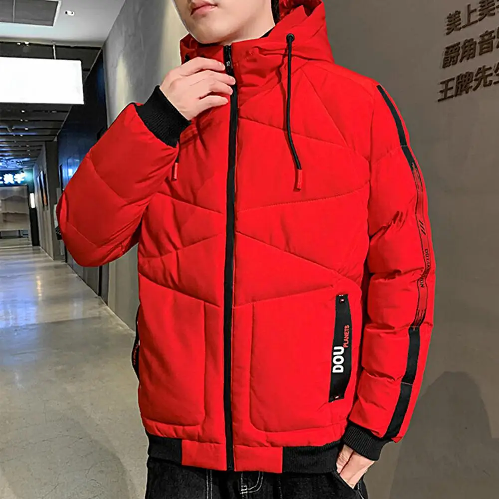 Stylish Men Jacket Zipper Thicken Cotton Padded Fluffy Filling Outerwear  Korean Style Men Hooded Coat for School