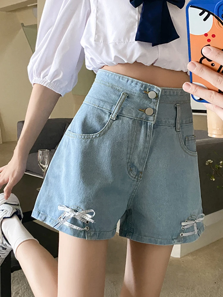 New Spring Summer Women High Waist Button Blue Denim Shorts Casual Female Wide Leg Lace Up Jeans Shorts Bottoms