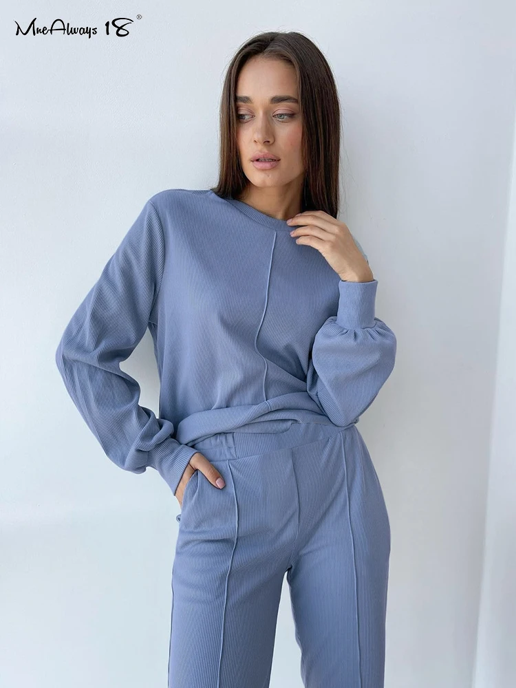 

Mnealways18 повседневные комплекты из 2 предметов в рубчик, Женские однотонные трикотажные женские брюки с круглым вырезом, костюмы, спортивный к...