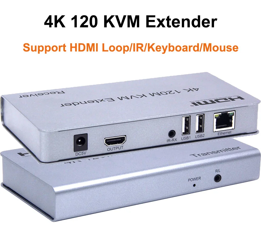 

4K 120M USB HDMI KVM Extender Via Cat5e Cat6 Rj45 Ethernet Cable Video Transmitter and Receiver Support Loop IR Keyboard Mouse