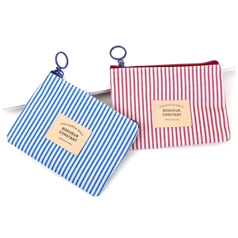 Unisex Canvas Stripe Coin Bag Purse Women Coin Money Card Holder Wallet Case Zipper Key Storage Pouch For Kid Girl Gift