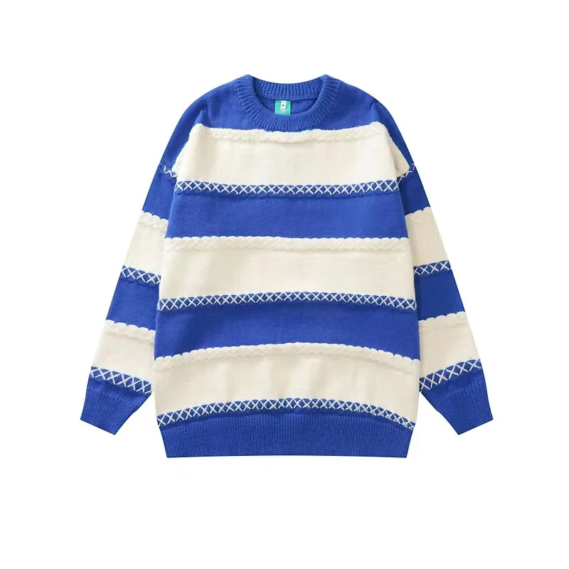 

Полосатый вязаный свитер в стиле Харадзюку, мужские кружевные мешковатые пуловеры с крючком и длинным рукавом, топы, модная уличная одежда, ...