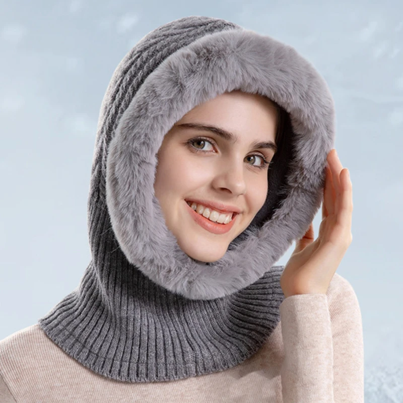 Winter Warm Hat for Women Russia Outdoor Plush Twist Knitted Benines Female Soft Fur Head Hood Neck Ear Protection Balaclava cap