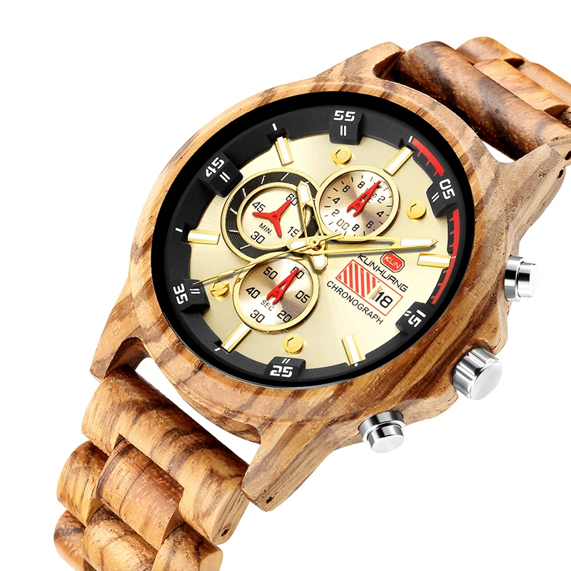 Kunhuang Wood Watch Man Watch Multi-Functional Timepieces Chronograph Luxury Stylish Luminous Military Sport Quartz Wristwatch