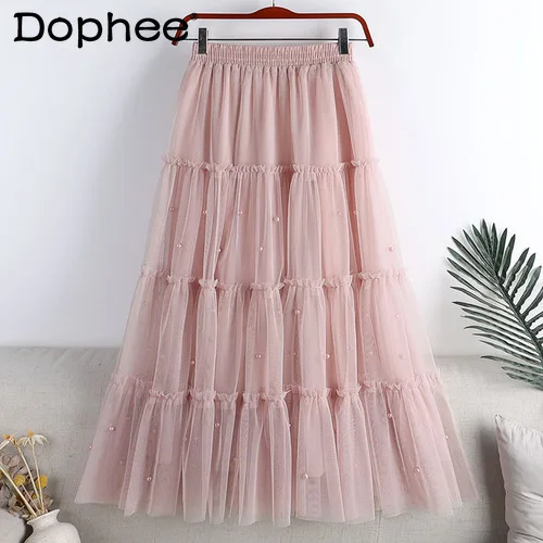 

Pleated Long Skirt Woman Spring 2022 New Mesh Ruffles Splicing Beads Big Hem Faldas Girls Students Jupe Khaki Pink