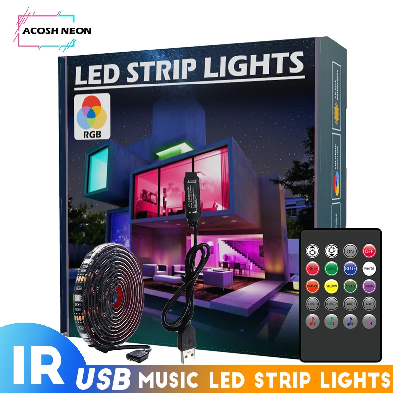 Music Sync USB RGB LED Strip Lights With 20Keys Remote Control 16.4ft 150LED DIY Color Ambient Lighting Kit with Remote For PC