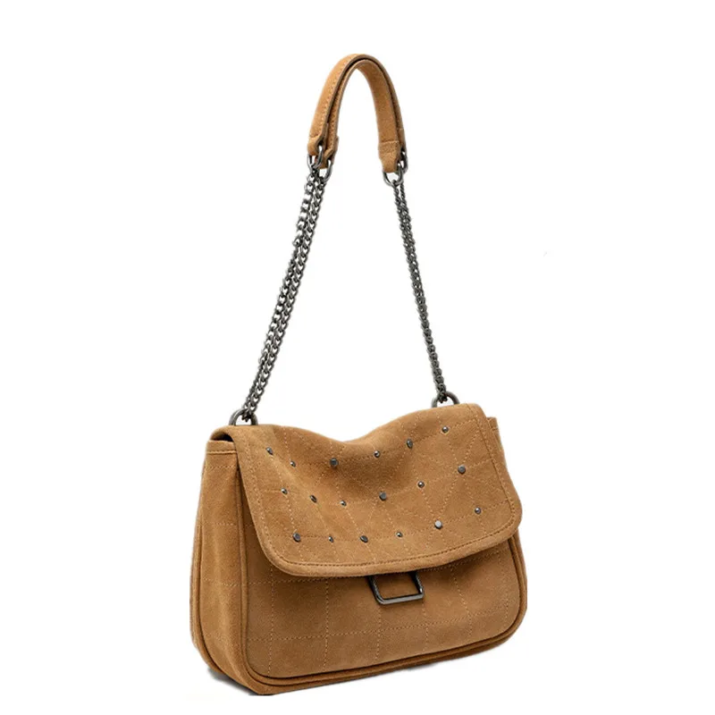 Women's bag 2022 new wandering rivet small square brown suede leather single shoulder messenger |