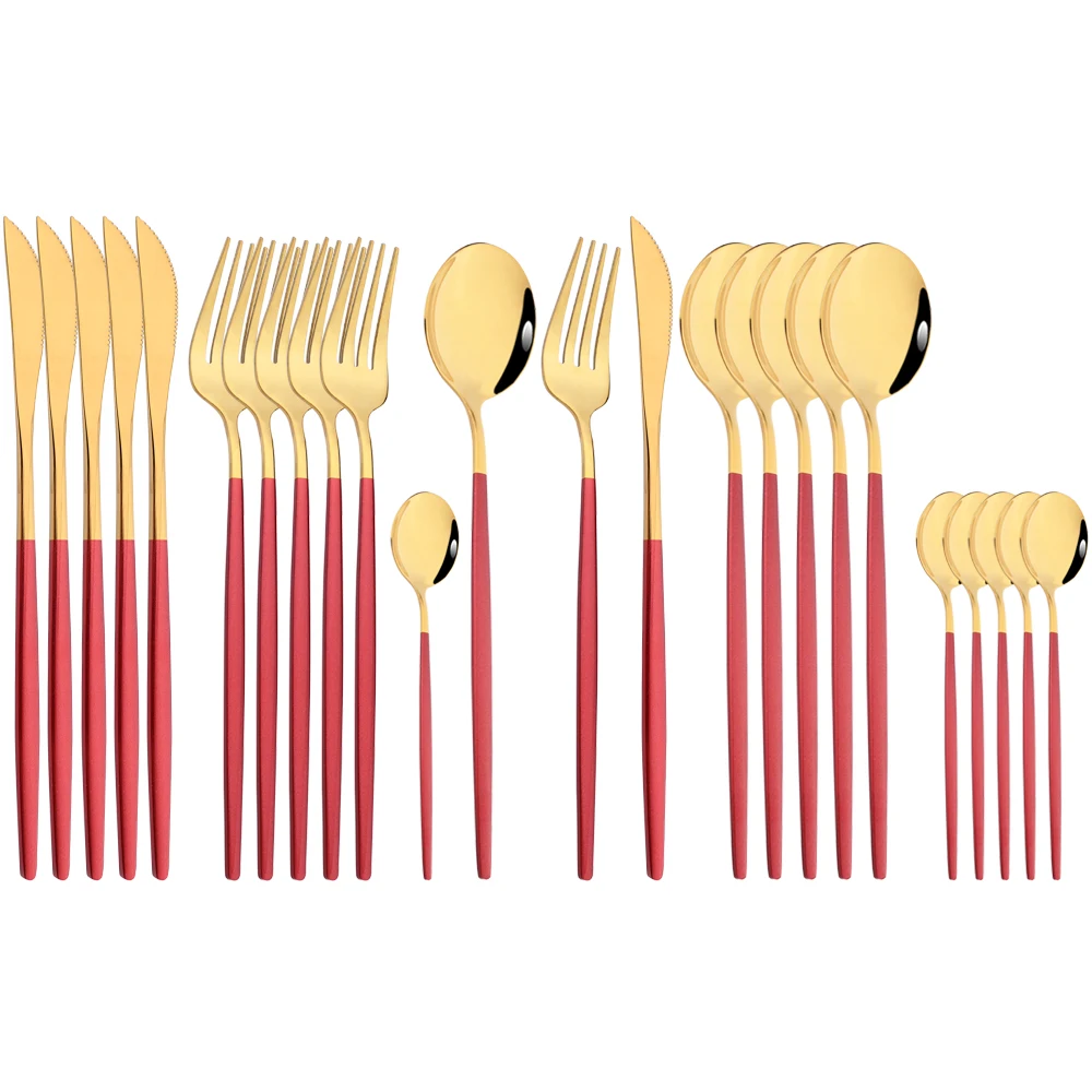 

Drmfiy Red Gold 24pcs Dinnerware Set Stainless Steel Cutlery Tableware Set Knife Forks Spoons Flatware Kitchen Silverware Set