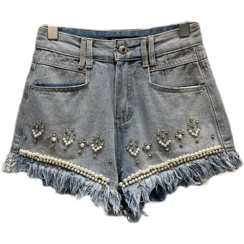 Booty Shorts Female High Waisted Denim Shorts 2023 Summer New Pearl Beaded Raw Edge Distressed Hot Girl Denim Shorts for Women