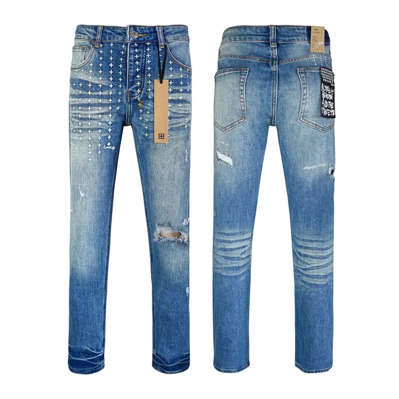 Американские джинсы High Street KSUBI Cross Jeans Мужская модная марка Ретро стирка синий с