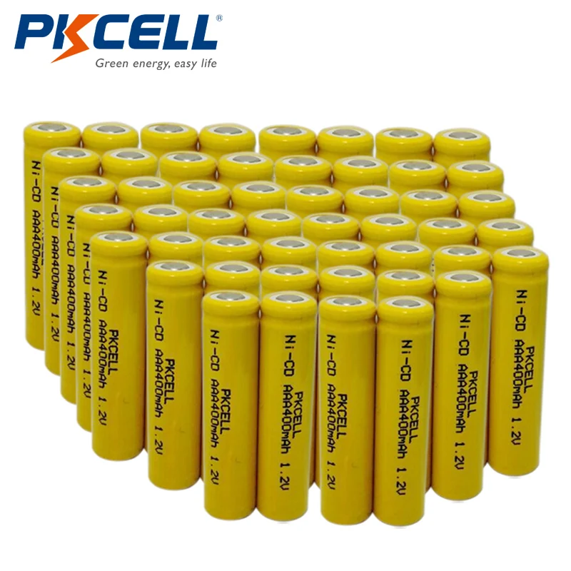 

Wholesale 50pcs/lot 1.2V 400mAh AAA NiCd Rechargeable Batteries Flat Top PKCELL