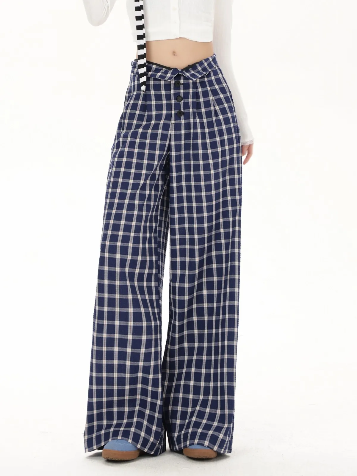 Брюки ZHISILAO женские в клетку повседневные свободные прямые штаны пол с завышенной